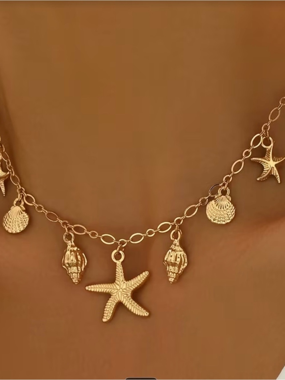 Gold Seashell and Starfish Charm Necklace - Women Jewelry